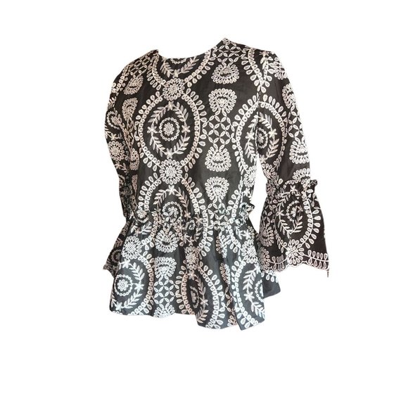 ASOS Black White Floral Embroidered Peplum Blouse With Ruffles. Women Size 0 - Picture 3 of 11